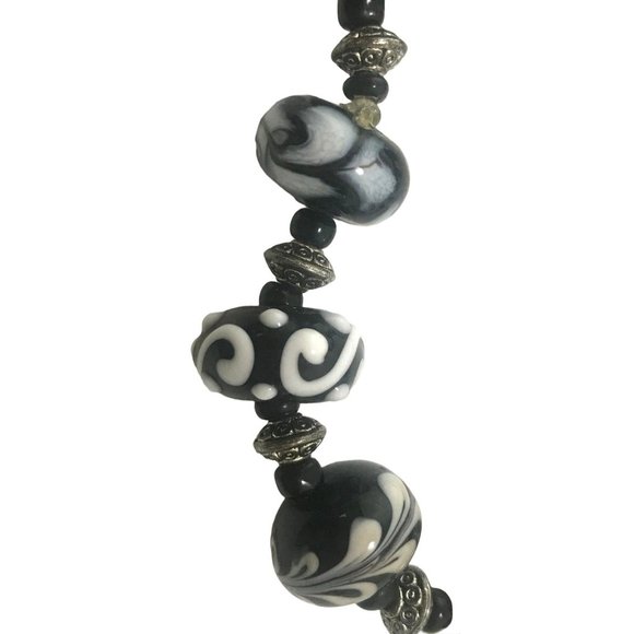 Handmade Black and White Lampwork Glass Bead Stretch Bracelet Letter A Charm - Picture 5 of 5